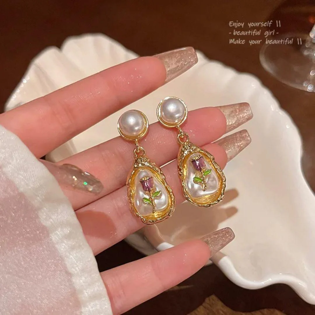 Pearl Rose Statement Earrings - Image 3