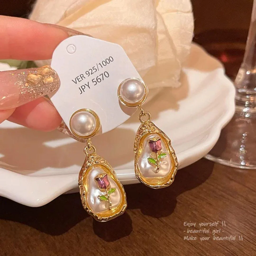 Pearl Rose Statement Earrings - Image 4