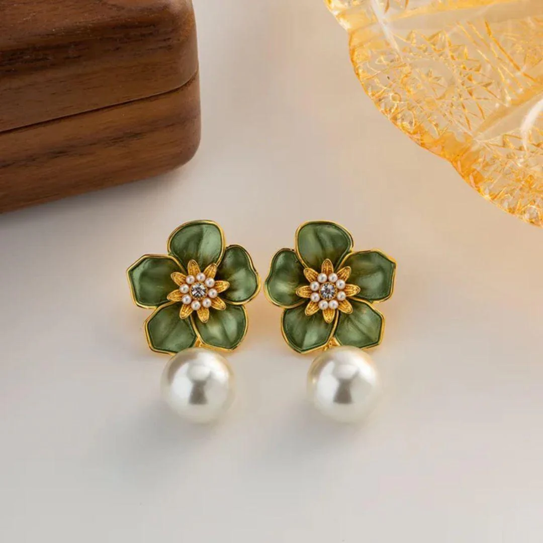 Emerald Petal Pearl Earrings - Image 3