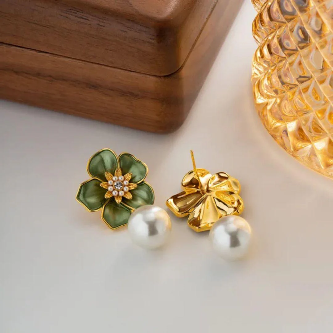 Emerald Petal Pearl Earrings - Image 4
