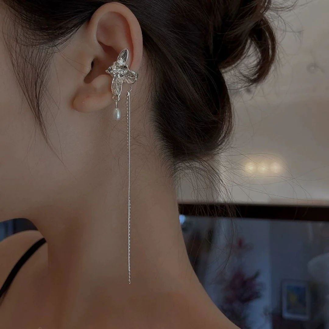 Silver Butterfly Pearl Danglers Earrings - Image 4